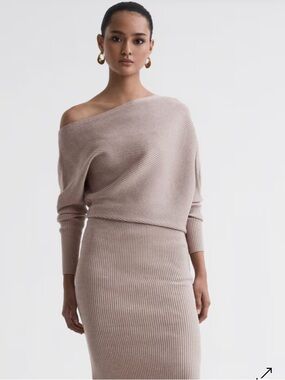 Reiss Blush Beige Off-Shoulder Ribbed Midi Dress